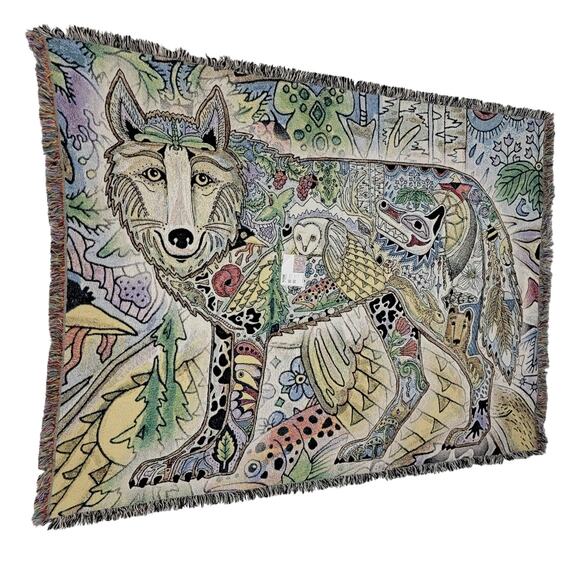 NWT Pure Country Weavers Wolf Throw Blanket Sue Coccia Woven Art 72x54 USA New